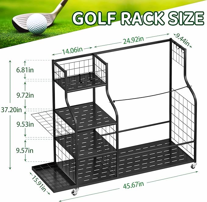 Golf Bag Storage Organizer with Wheels, Garage Golf Equipment Rack for 2 Golf Bags, Clubs, Shoes & Accessories Heavy Duty Metal Stand for Garage, Basement, Home or Shed