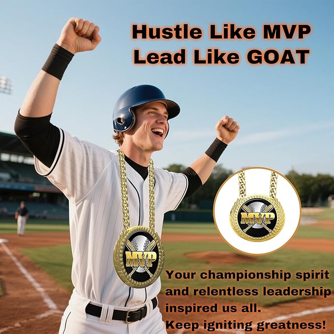 Goutoports Baseball Chain MVP Medal Award – 6" Oversized Gold Turnover Chain Trophy Necklace Prize for Team Champion, Little League, Youth Baseball, Tournament Winner, Banquets Party Gifts