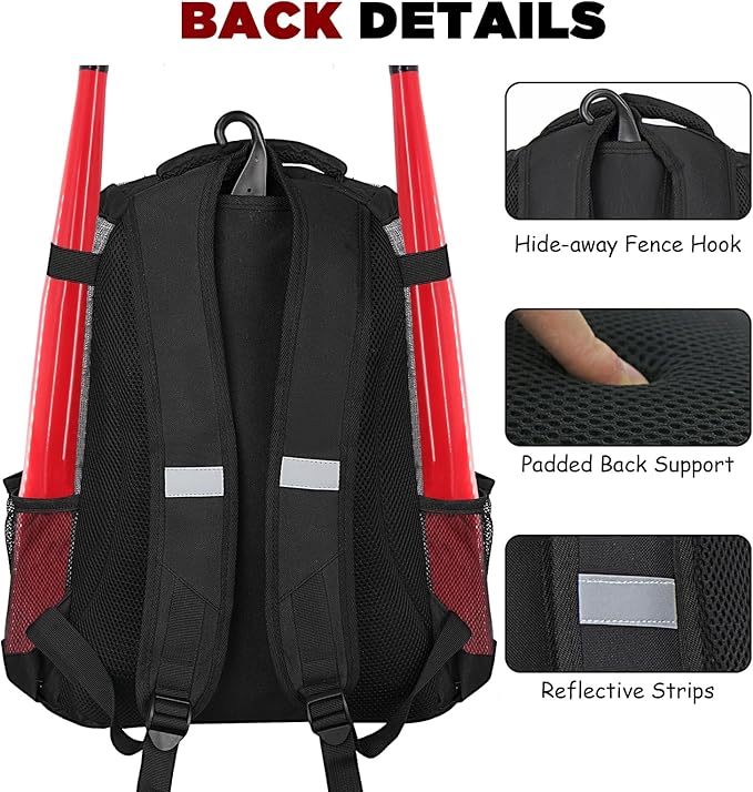 Goloni | Baseball Backpack,Baseball Bag for Adult,Softball Bat Bag with Shoes Compartment,Large Main Compartment for Helmet & accessories, Fence Hook