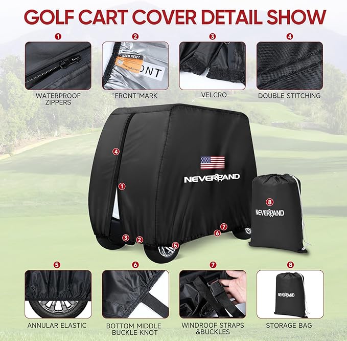 NEVERLAND Golf Cart Cover 4 Passenger - 420D Waterproof Golf Cart Covers Extended Roof Compatible with EZ GO Club Car Yamaha Golf Carts, Outdoor Dustproof 4 Seat Club Car Cover (Up to 112 Inch)
