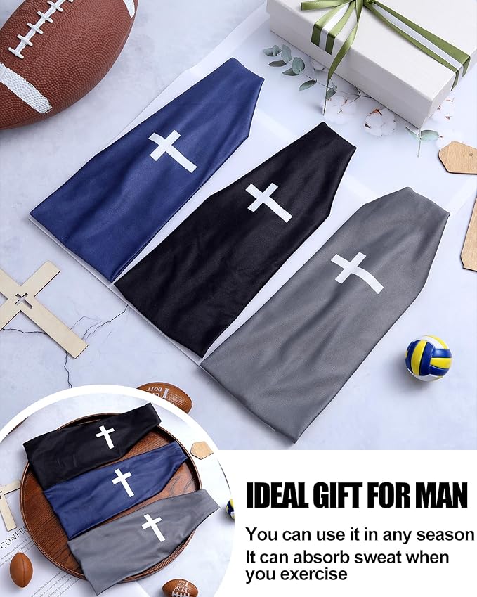 Shihanee 3 Pcs Christian Headbands for Men Jesus Cross Athletic Sweat Bands Christian Workout Accessories Moisture Wicking Sports Hairbands for Football Baseball Basketball Running Training