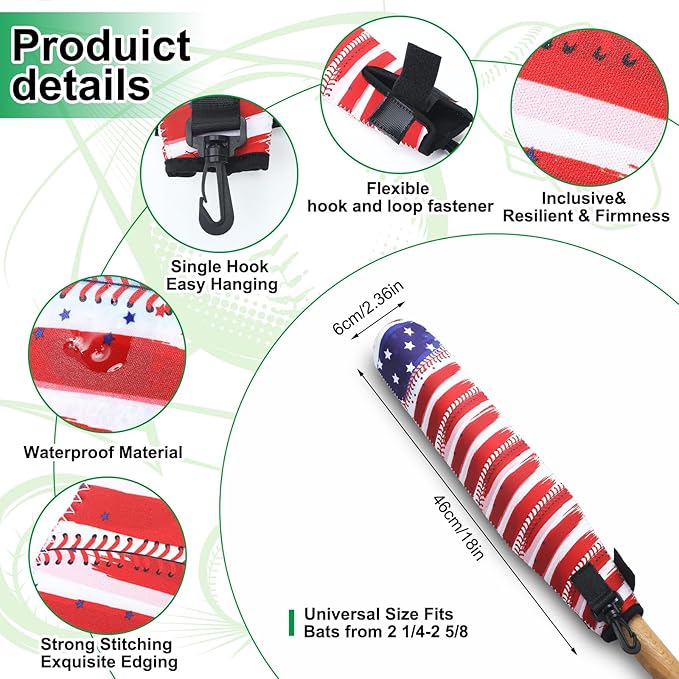 4 Pcs America Baseball Bat Sleeve 18 x 2.4 Inch Patriotic Lightweight Softball Bat Cover Sleeve Protector Warmer Essential Baseball Accessories with Hook for Adult