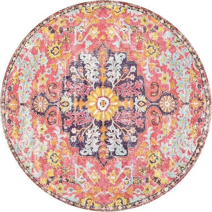 Lahome Bohemian Floral Medallion Round Rug - 3Ft Small Hot Pink Round Area Rug - Image 9