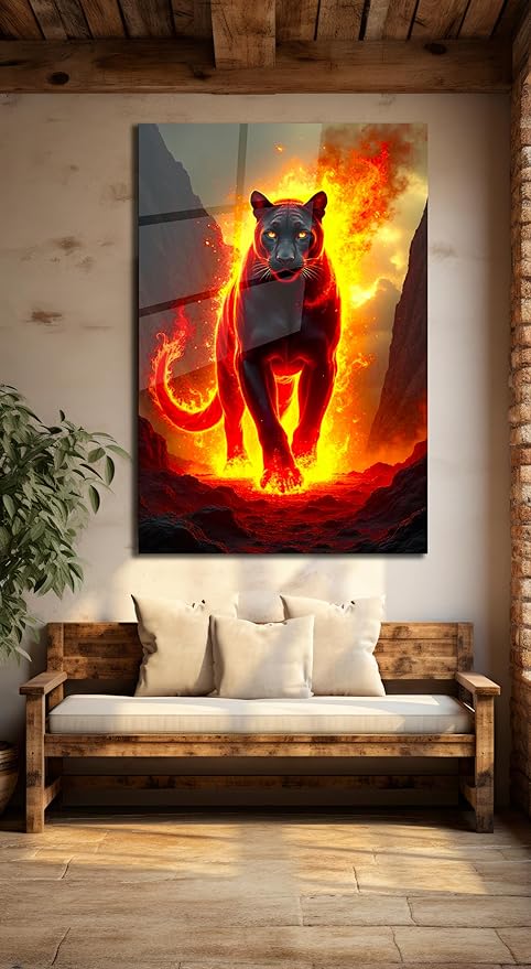 SpiritualHands Fiery Black Panther Glass Wall Art Painting - Image 3
