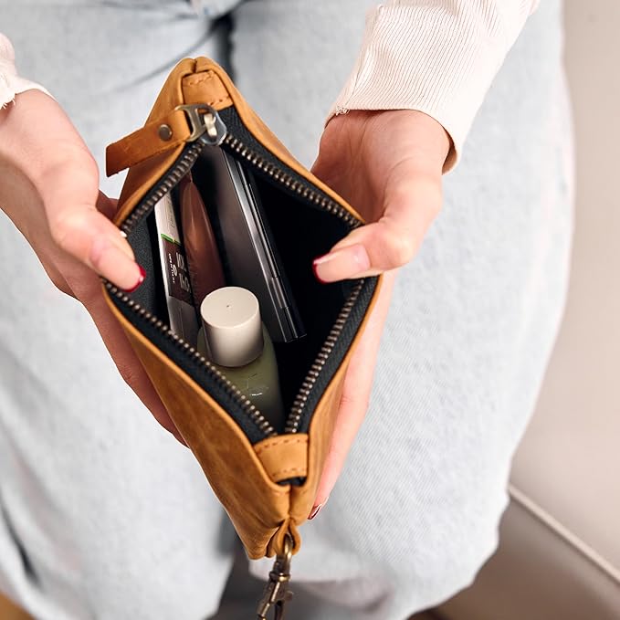 Leather Golf Ball Pouch – Genuine Leather Golf Zipper Pouch for Tees & Valuables, Golf Bag Accessory with Metal Clip 7.8" x 6", Compact Golf Organizer for Men & Women, Warm Brown