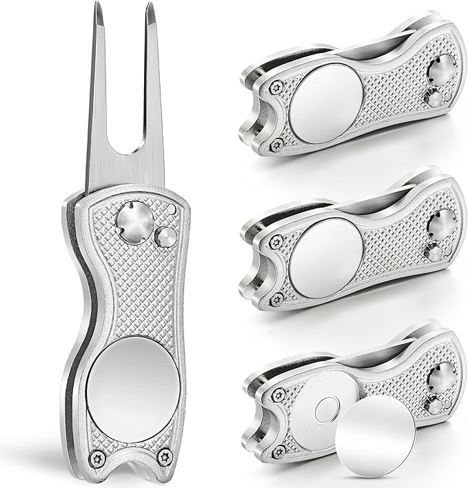 Mile High Life Golf Divot Repair Tool, All Metal Foldable Divot Tool with Pop-up Button & Magnetic Ball Marker, 2-6 Pack