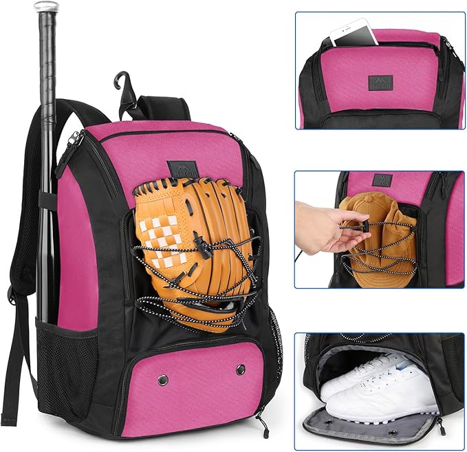 MATEIN Baseball Backpack, Softball Bat Bag with Shoes Compartment for Youth, Boys and Adult, Lightweight Baseball Bag with Fence Hook Hold TBall Bat, Batting Mitten, Helmet, Caps, Teeball Gear