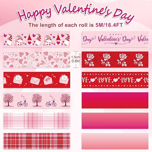 Whaline 12 Rolls Valentine Washi Tape Red Pink Heart Gnome Love Masking Tape - Image 2