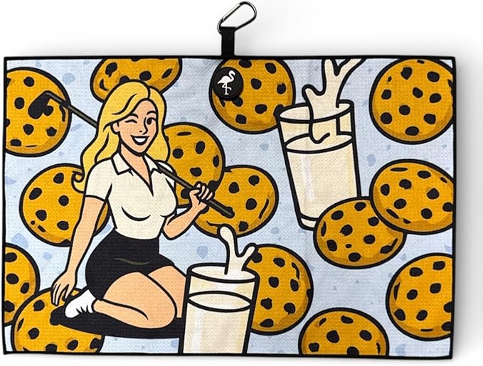 Logie Joe's Novelty Golf Towel | Premium Double-Sided Microfiber | Magnetic Towel w/Carabiner | 24 x 16 in (Adult Humor Designs) (Milk & Cookies)