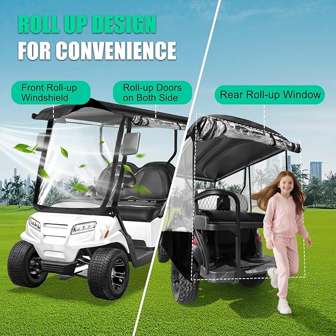 Golf Cart Enclosure 4 Passenger Extended Roof for EZGO/Club Car/Yamaha/ICON, Fits 2+2 Seater Model, 600D Waterproof Rain Cover with Clear PVC Windows and 4-Sided Roll-Up Zipper Doors