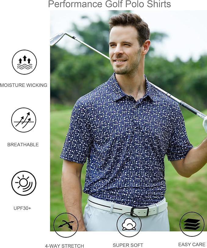Alex Vando Mens Golf Shirt Moisture Wicking Quick-Dry Print Performance Polo Shirts for Men