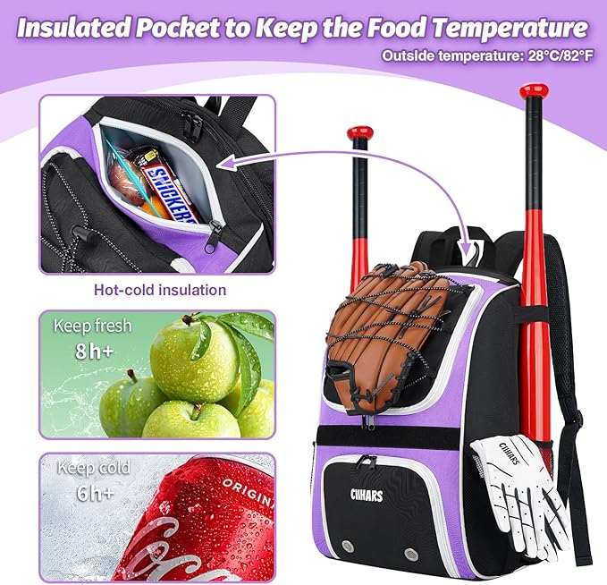 Youth Baseball Bag - Baseball Backpack Bat & Glove Holder, T-Ball & Softball Equipment & Gear,Large Main Compartment for Helmet & accessories, Fence Hook，Insulation Pocket
