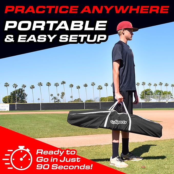 GoSports 7 ft x 7 ft Baseball & Softball Nets - Red, Black, or PRO -Practice Hitting & Pitching Net with Bow Type Frame, Carry Bag and Strike Zone, Great for All Skill Levels