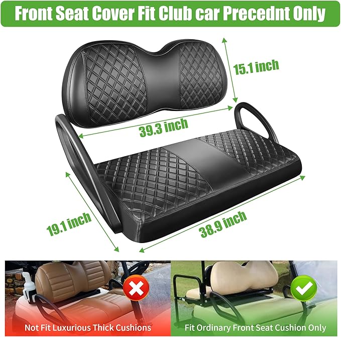 10L0L Golf Cart Seat Covers for Club Car Precedent,EZGO TXT Front/Rear Seats Diamond Pattern,Vinyl Leather with Adjustable Straps and Retractable Buckle, No Stapler Needed