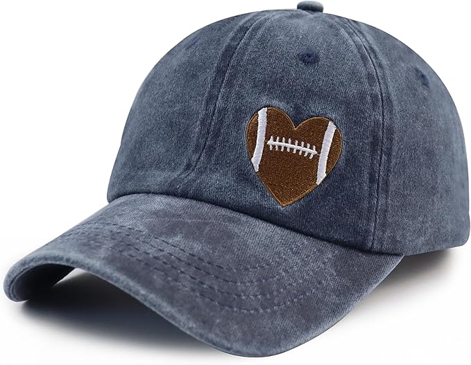 Football Heart Hat for Men Women, Adjustable Cotton Embroidered Heart Football Baseball Cap