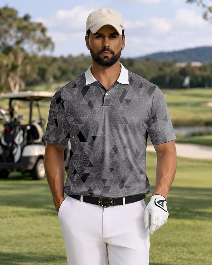 KUYIGO Mens Polo Shirt Quick Dry Moisture Wicking UPF 40+ Performance Printed Short Sleeve Summer Tennis Golf Shirt
