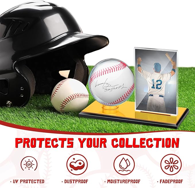 DoubleFill Acrylic Baseball Display Case for Ball and Cards Clear Base Ball Holder Gold Stand Set Centerpieces Protector Memorabilia Showcase for Official Size Baseball(Small)