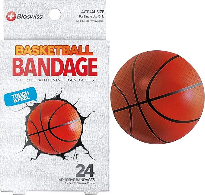 BioSwiss Bandages, Basketball Shaped Self Adhesive Bandage Set, Latex Free, Sterile Wound Care, 24 Count