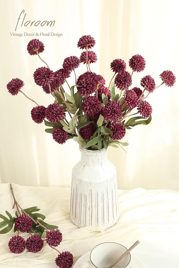 Floroom 5pcs Burgundy Faux Silk Mums Artificial Flowers, Bulk Fake Small Mini - Image 2