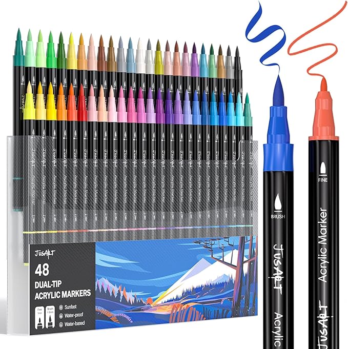 JusArt 48 Colors Dual Tip Acrylic Paint Pens Markers, Brush and Fine Tip by JusArt