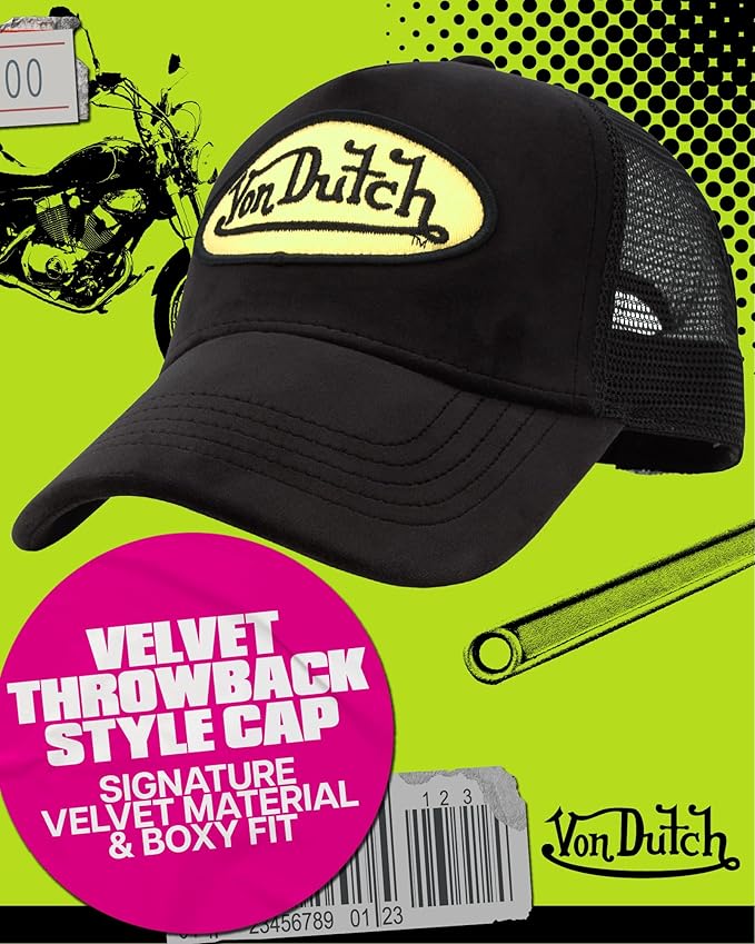 Von Dutch Unisex Trucker Hat - Velvet Curved Bill Mesh Back Retro Classic Adjustable Snapback Baseball Cap for Men and Women