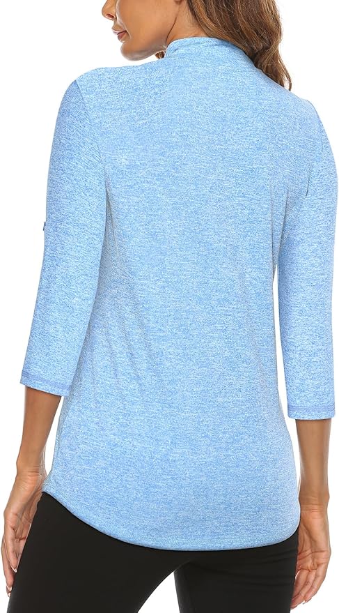 Koscacy Women's 3/4 Roll Sleeve Golf Tennis Polo Shirts UPF50+ Half Zip Dry Fit Workout Tops Athletic Shirt