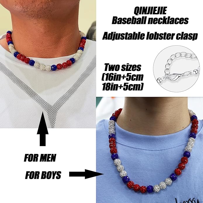 QINJIEJIE Baseball Necklace for Men Glitter Bling Rhinestone Beaded Collection Necklace for Women 16/18in Inspired Sports Jewelry Baseball Chain Cool Gifts for Baseball Players Team Lovers