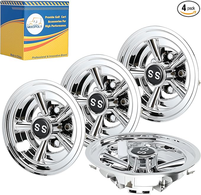 8 Inch (Set of 4) Golf Cart Wheel Covers Hub Caps Direct Fit for EZGO, Yamaha, Club Car SS Chrome 5-Spoke Snap-on Installation Rust-Proof Weather-Resistant
