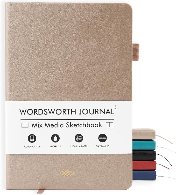 Wordsworth & Black A5 Mixed Media Journal 96 Mix Pages, Hardcover Leather by WordsworthBlack
