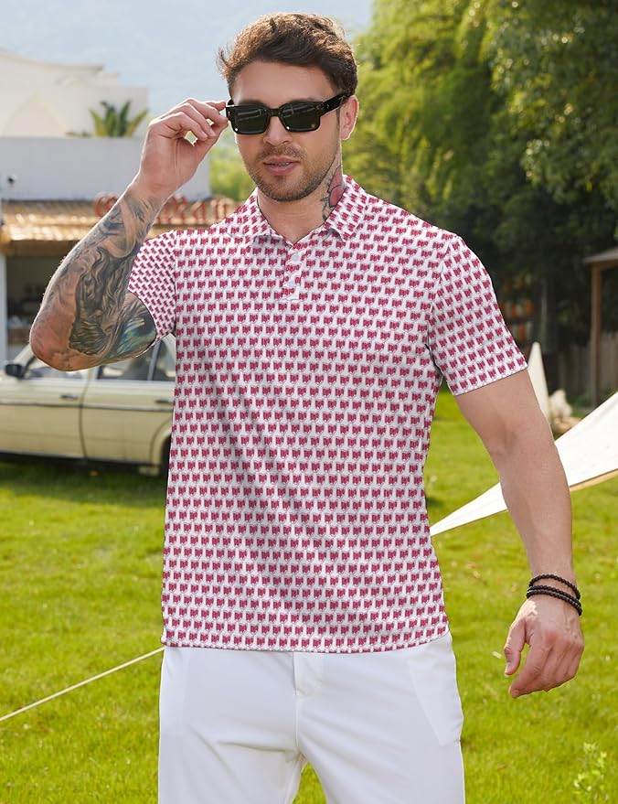 HUURAY Funny Golf Polos for Men Funny Print Short Sleeve Shirts Quick Dry Polo Shirts Hawaiian Shirt Performance Golf Outfits