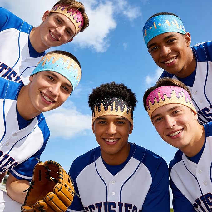 6 Pcs Ice Cream Baseball Headbands, Elastic Polyester Sweatband Multi Color Headbands for Basketball Football Golf Ice Cream Drip Headscarf Baseball Stuff for Men