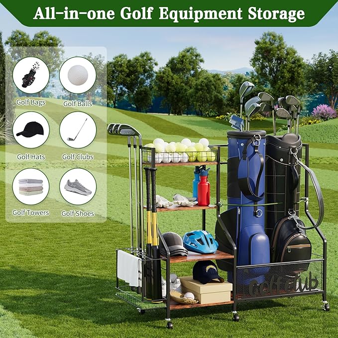 HavenlyYouth Garage Golf Bag Storage Organizer with Wheels, Heavy Duty Golf Club Rack for 2 Bags, Golf Balls & Accessories, Extra Sports Equipment Rack