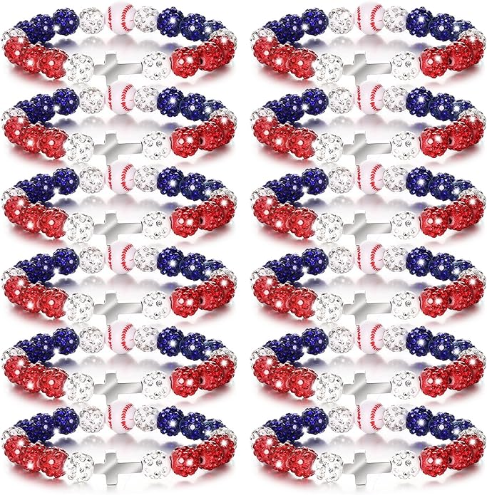 Landical 12 Pcs Baseball Ice Bracelet Beaded Charm Bracelets Cross Accessory Gifts for Baseball Team Party Favors