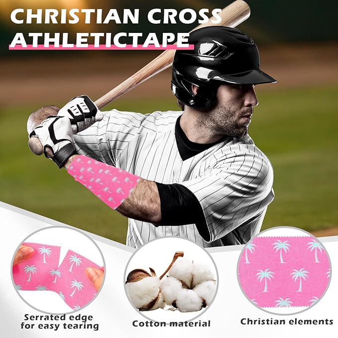 TrelaCo 1 Pcs Wrist Tape Baseball Cross Christian Athletic Tape 2in x 23ft Sports Wrap Cotton for Football Hockey Soccer Baseball Fingers Ankles Wrist Injury Wrap (Coconut Tree,Pink)