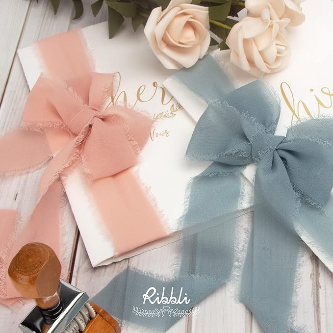Ribbli Slate Blue Chiffon Ribbon 1-1/2 inch x 20 Yard Handmade Fringe Chiffon - Image 3