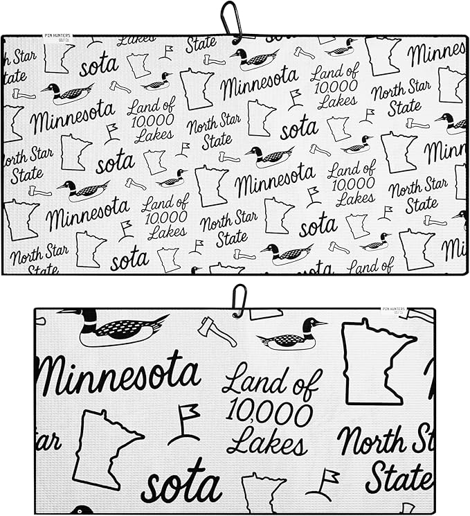 Pin Hunters Minnesota-Themed Microfiber Golf Towel | Premium Waffle Towel with Clip | Large 31"×15.5" Towel for Golf Bags | Accessories for Men | Fun Gift for Husband | USA Pride