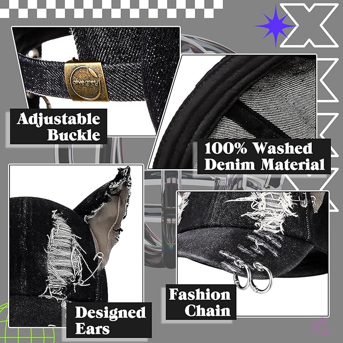 Shyyween Y2K Grunge Hat with Ears Bunny Ear Hat Cat Distressed Denim Baseball Cap Iron Ring Punk Outfit for Women Accessories