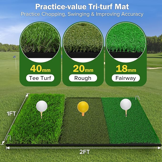 Golf Chipping Net with Tri-Turf Hitting Mat Set - Foldable Practice Target, 12 Foam Balls & 6 Tees in Carry Bag - Indoor Outdoor Backyard Golf Precision Training Gift & Aid for Beginners