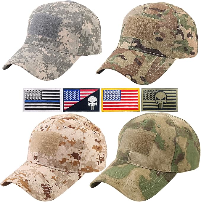 4 Pack Camo Baseball Caps, Unisex Structured Plain Baseball Hats, Army Military Camouflage Hat for Sport Tactical Game