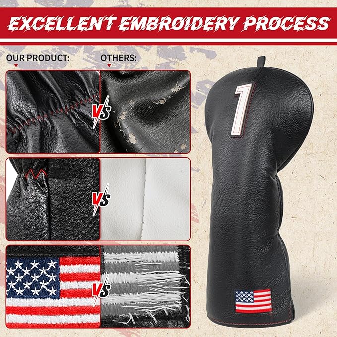 Golf Head Covers, US Flag Patriotism Golf Club Cover for Woods and Driver, Fairway, Hybrid - Premium Leather Golf Club Head Covers with Interchangeable Tags