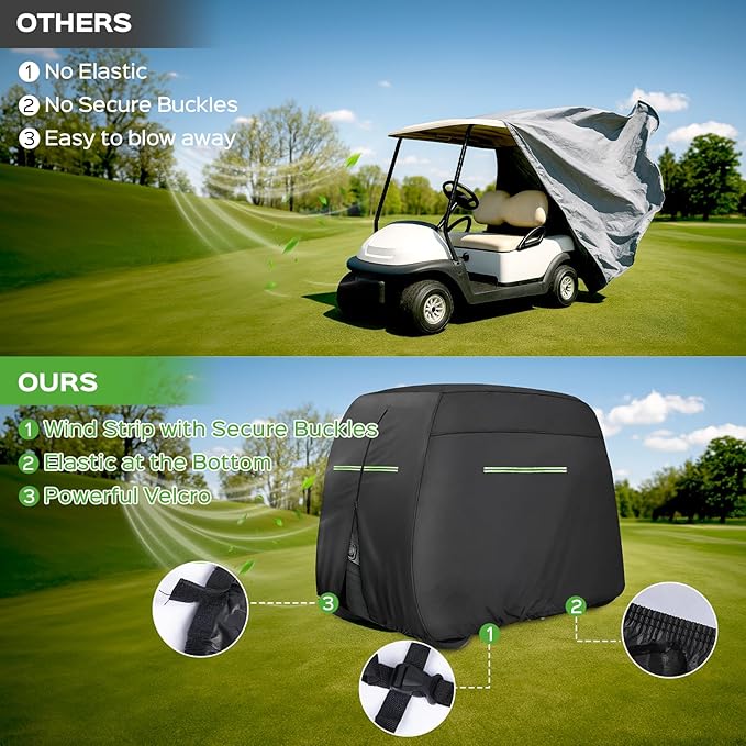 Golf Cart Cover 2/4/4+2 Passenger Heavy Duty Universal Fit for Yamaha EZGO Club Car, 600D Waterproof Windproof Sunproof Golf Cart Seat Covers with Reflective Strips, Zippered Pockets, Zipper Doors