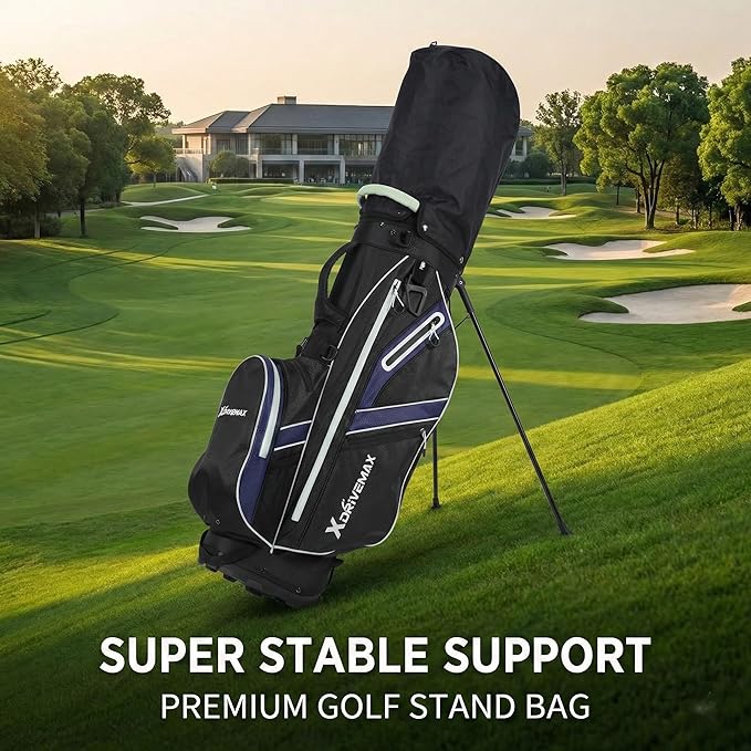 XDriveMax Golf Stand Bag with Accessory Pack, Lightweight 8-Way Top Dividers Golf Bag with Stand, Includes Insulated Cooler Pocket, Dual Strap & Rain Cover