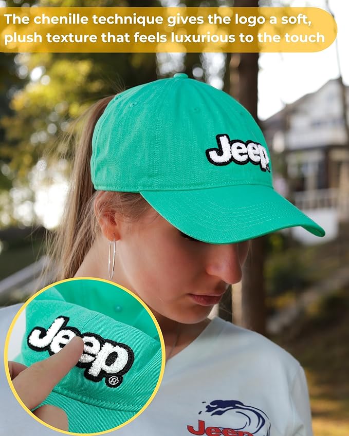 Jeep Women’s Ponytail Hat – Garment Washed Cotton Twill Baseball Cap, Chenille Logo, Adjustable Strap, Low Profile