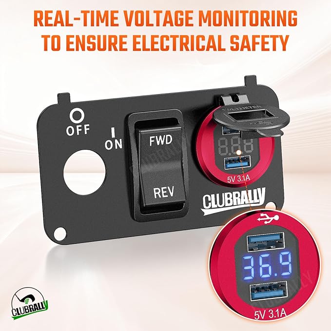 EZGO Key Switch Plate with Forward Reverse Switch, DC 9V-48V 3.1A Fast Charge Dual USB Charger, LED Digital Voltmeter, Fit Electric EZGO TXT, Medalist, PDS Golf Carts((Black/Red))