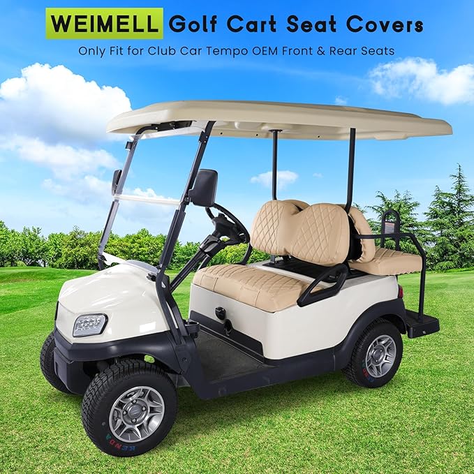 Golf Cart Seat Cover Front and Rear Set of 2 Fit for Club Car Tempo OEM Ordinary Seats No Nails Required Easy to Install & Clean Beige Vinyl Leather Seat Cushion Covers