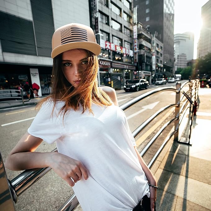 UALON Baseball Cap, Snapback Trucker Hat for Men & Women with American Flag and Adjustable, Breathable Mesh, Flat Bill Hats
