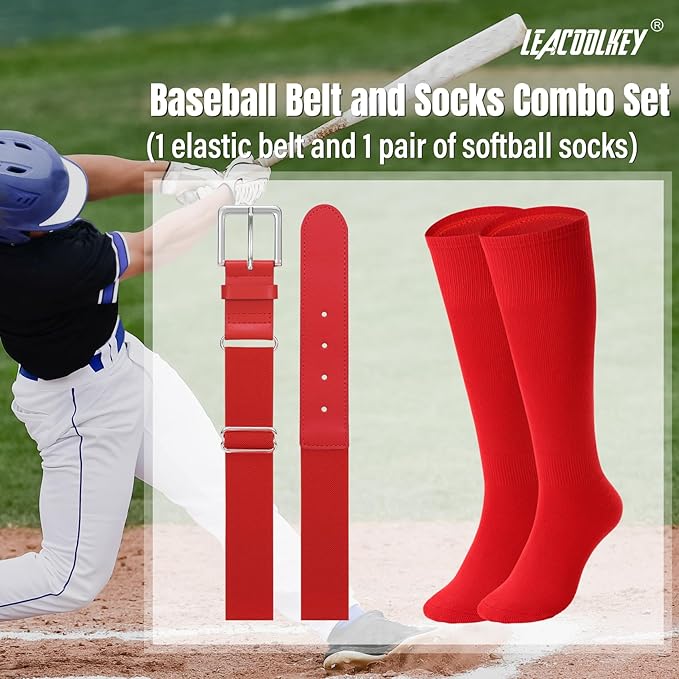 LEACOOLKEY Baseball Belt and Socks Combo Set Adjustable Softball Socks and Elastic Belt for Youth and Adult