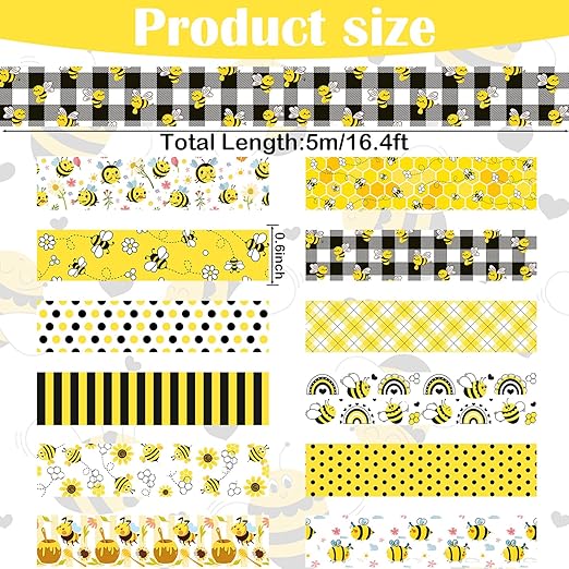 12 Rolls Bee Washi Tape Set, Bumblebee Daisy Masking Tapes - Image 2