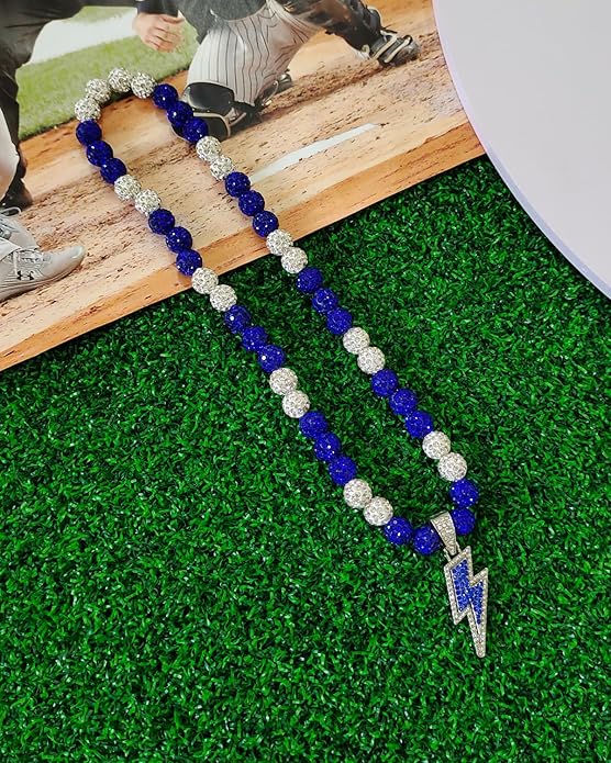 Baseball Necklace for Men 16/18/20 Inch Bling Ice Collection Lightning Bolt Pendant Necklace for Women Rhinestone Clay Beaded Discoball Accessories Gifts for Baseball Team Players Lovers