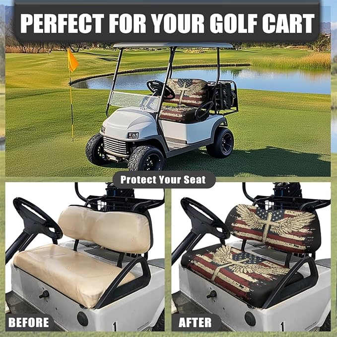 Yewatlles American Flag Cross Pattern Golf Cart Seat Covers, Personalized Golf Cart Seat Cover Keeps Seat Cool and Clean, Fits in 2-Seat Golf Carts